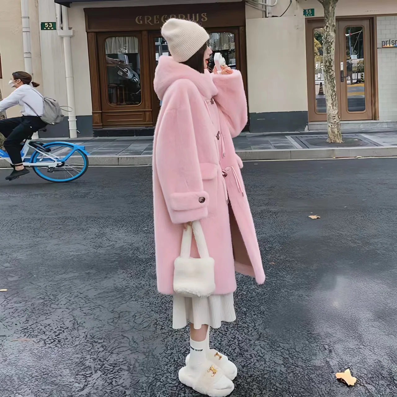 Faux Lamb Fur Coat for Women, Horn Button, Long Jacket,Thick Warm Clothes,Hooded,Preppy Style, Autumn and Winter, 2024