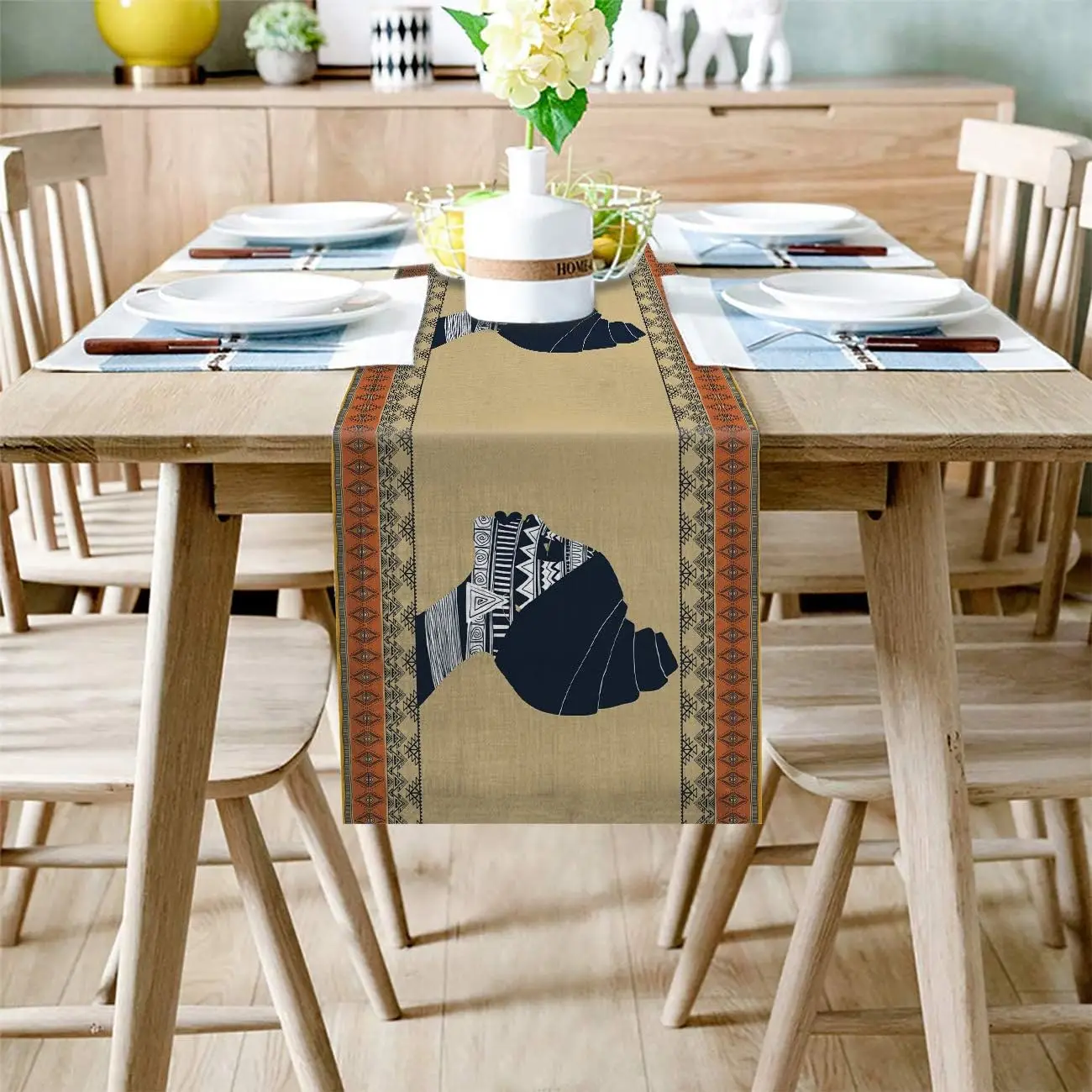 African Women Printed Linen Table Runners Dresser Scarf Table Decor Farmhouse Holiday Wedding Party Kitchen Dining Table Decor