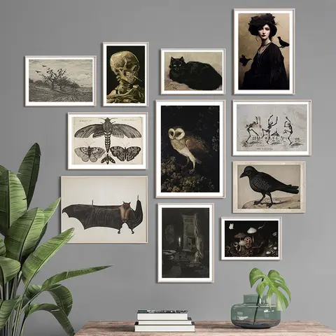 Moody Halloween Gallery Wall Set Prints Black Cat Painting Canvas Poster Vintage Owl Bat Wall Pictures Dark Academia Decoration