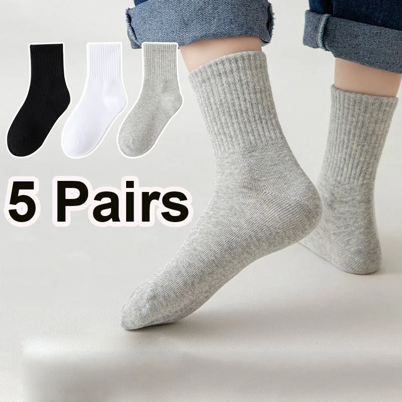 5 Pairs Solid Color Cotton Soft Kids Socks Breathable Absorbing Sweat Sport Socks Boys Girls Middle Tube Sock for 3-13 Year