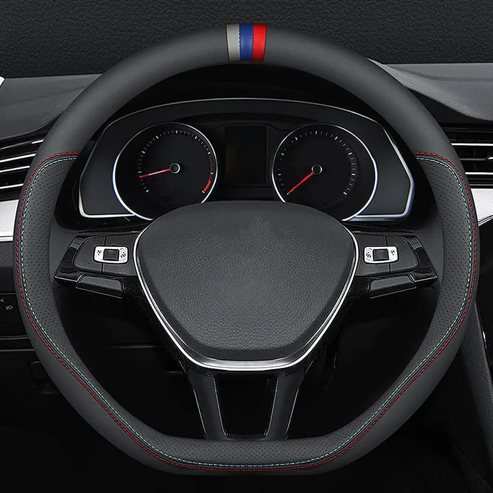 High Quality Leather Stylish Non-Slip Car Interior 15 Inches Universal D-Shape Black Four Season Car Steering Wheel Cover