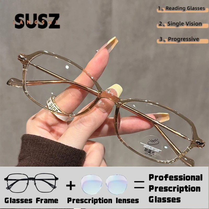 LS-SUSZ Classic Rectangular Reading Glasses Lady Progressive Prescription Glasses Myopia Anti Blue Light Anti-Reflection Eyewear