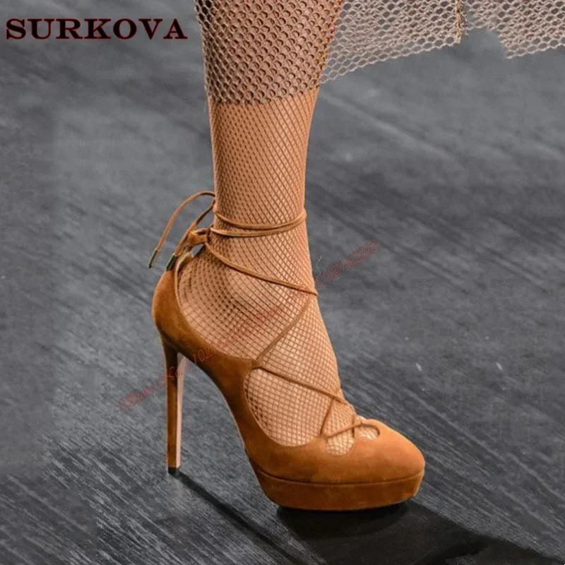 Spring Retro Suede High Heels Round Toe Stilettos Water Platform Pumps Sexy Simple Comfortable Cross Strap Dress Shoes For Women