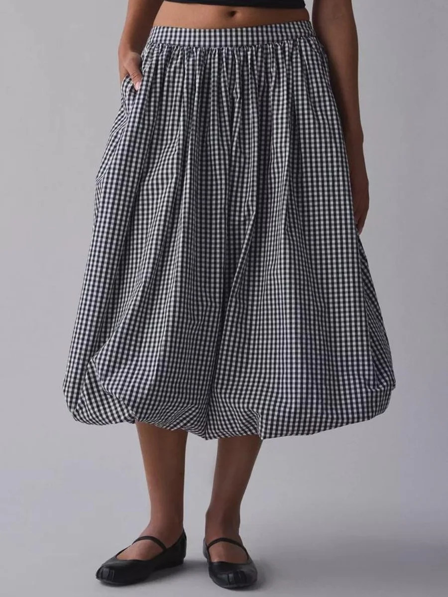 

Womens Y2k Puffy Balloon Long Skirts Elegant Low Waist Vintage Plaid A-Line Maxi Skirts Casual Flowy Lantern Skirts Streetwear