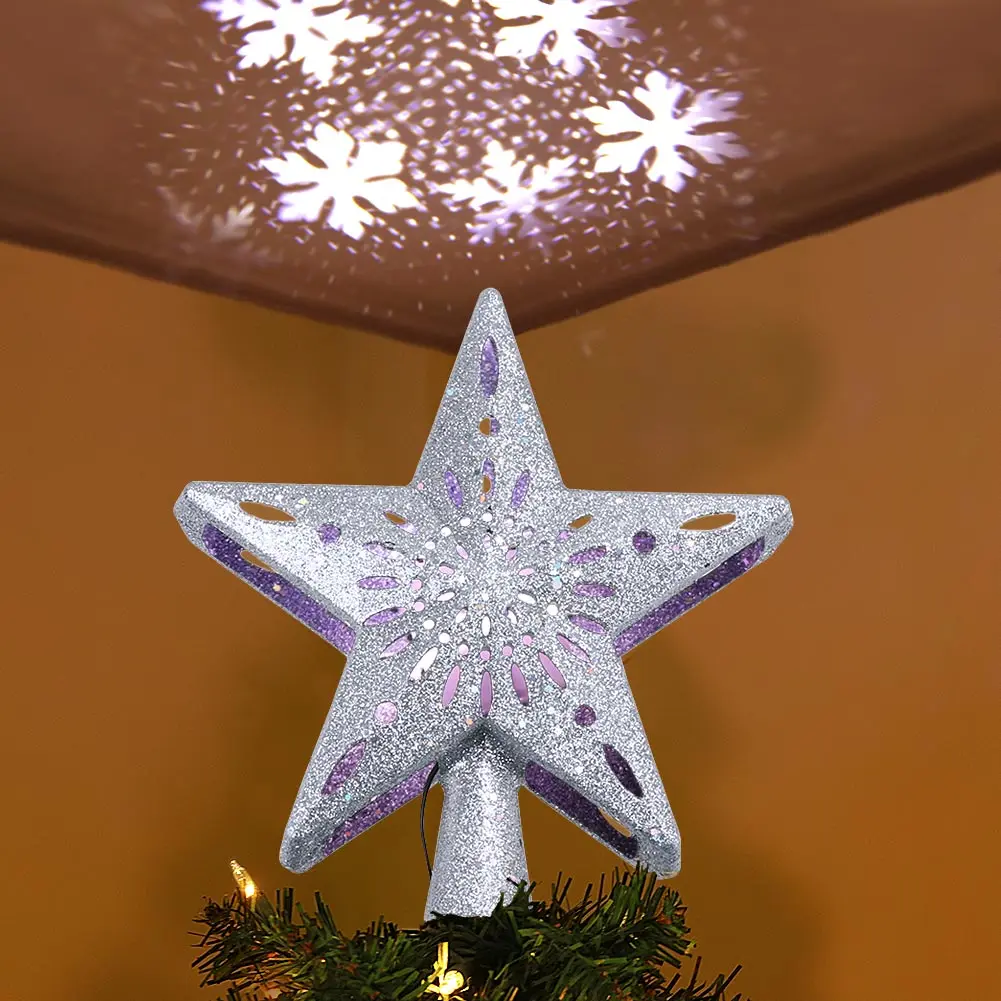 Christmas Tree Topper Lighted Star Tree Topper with Rotating Snowflake Projector Lights Glitter Hollow Star Tree Topper