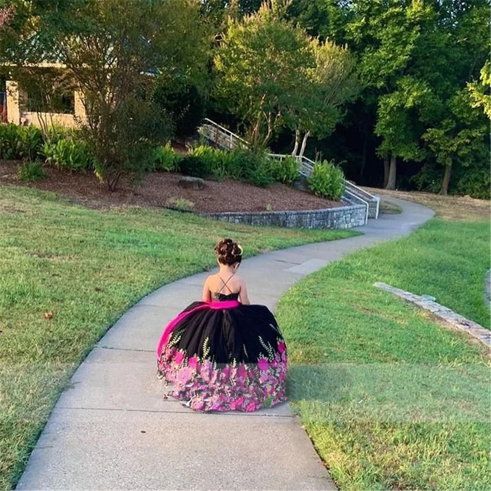 Bordado Applique Crianças Princesa mini vestidos quinceanera preto Pageant Flower Girl Birthday Dress Mexicano charro