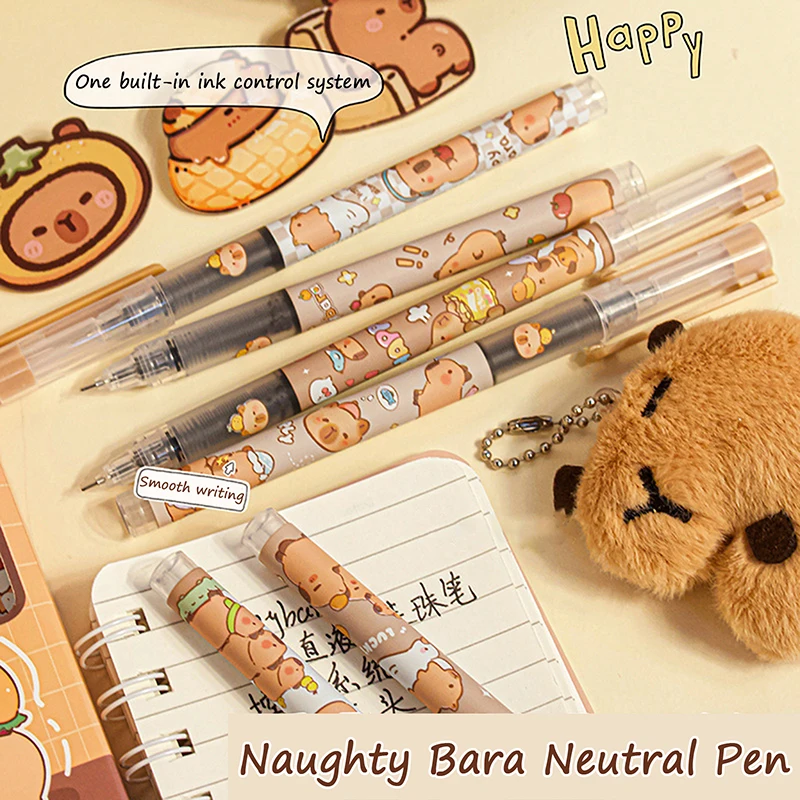 Capybara Anime Straight Liquid Ballpoint Pen, Bonito, Neutro, Escola, Escritório, Escrita, Papelaria, Presentes de Aniversário, 6pcs