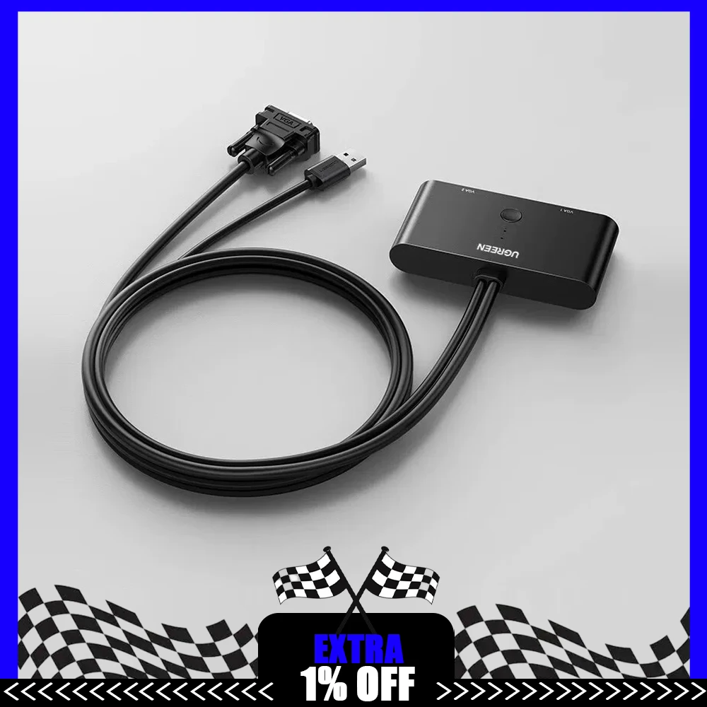 UGREEN 30711 VGA Switch 2 In 1 Out or 1 In 2 Out 1080P 60Hz Button Selector Built-in 1m VGA and USB Power Cables