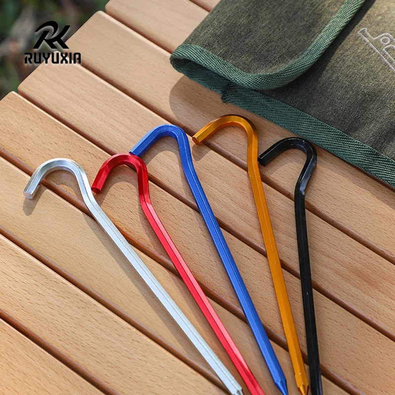 

6pcs/set 18cm Aluminium Alloy Tent Pegs With Hooks Garden Stakes Ground Nail For Hammock Camping Guyline Awning Canopy RUYUXIA