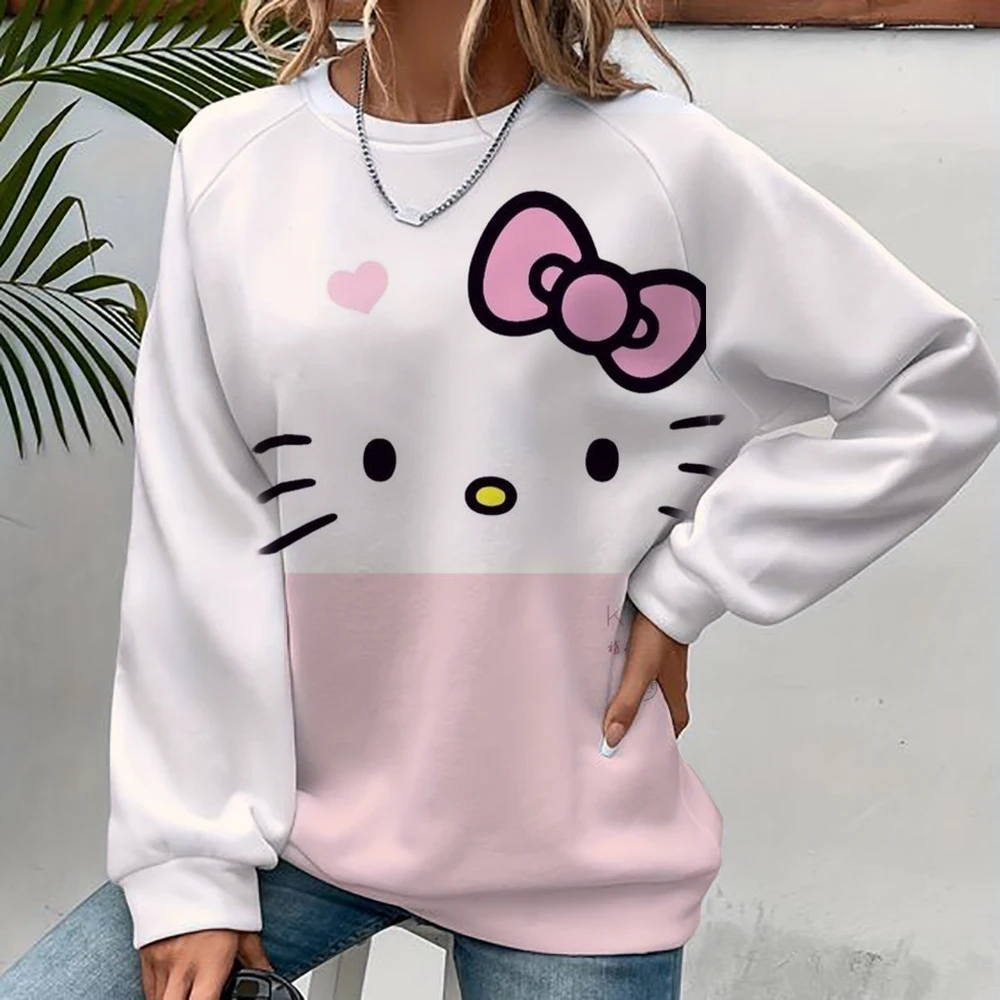 Women's Hello Kitty Printed Sweatshirt, High Street Women's Hoodie, Y2K Pattern Clothing, Casual Round Neck Sweater