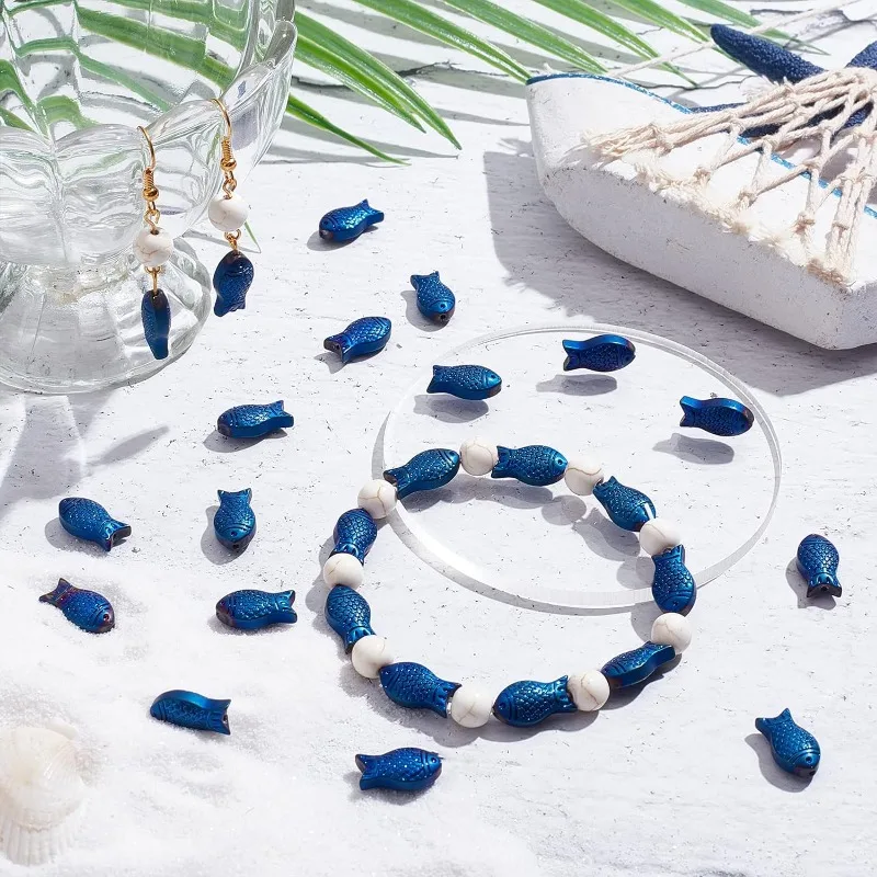 1 Box 50Pcs Fish Beads Sea Ocean Animal Electroplated Glass Bead Carved Frosted Blue Beads for Jewelry Making Elastic Thread view 4