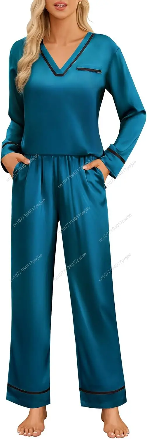 

Blooming Jelly Womens Pajamas Set Silk Satin 2 Piece Pj Cute Long Sleeve Lounge Sets Fall Sleepwear with Pockets