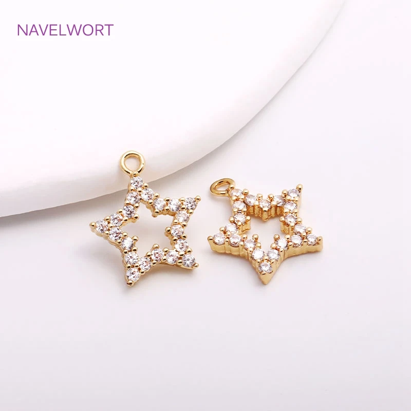 14K Gold Plated Hollow Pentagram Charms High Quality Brass Metal Inlaid Zircon Star Pendants Supplies For Jewelry Making