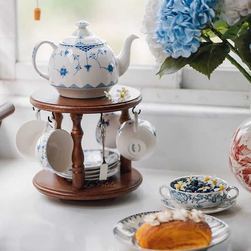 Vintage Rotating Cup Holder Mid-Century Tea Set Display Organizer Turntable Coffee Mug Rack for Kitchen Desktop Storage Shelf