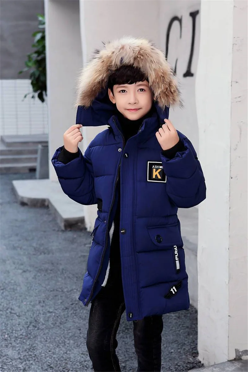 Big Kids Thick Long Jacket Autumn Winter Boys Plus Velvet Warm Teen Coats Fashion Mid-Length Zipper Hooded Outerwear 5-14 Years