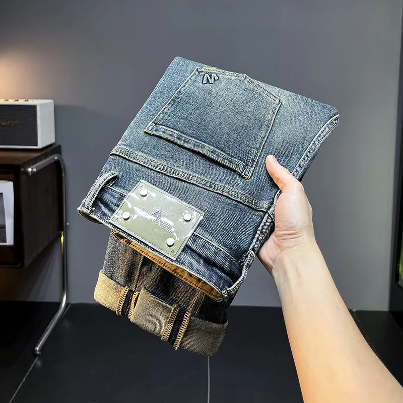 Jeans épais décontractés tout assortis pour hommes, pantalons slim extensibles, haut de gamme, tendance de rue, résilience, mode automne et hiver, nouveau, 2024