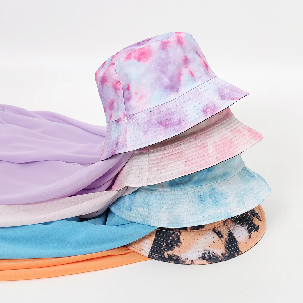 Tie Dye Bucket Hat with Chiffon Scarves Instant Muslim Women Hijabs Ready To Wear Turban Sports Woman Hijab Pinless Headscarves