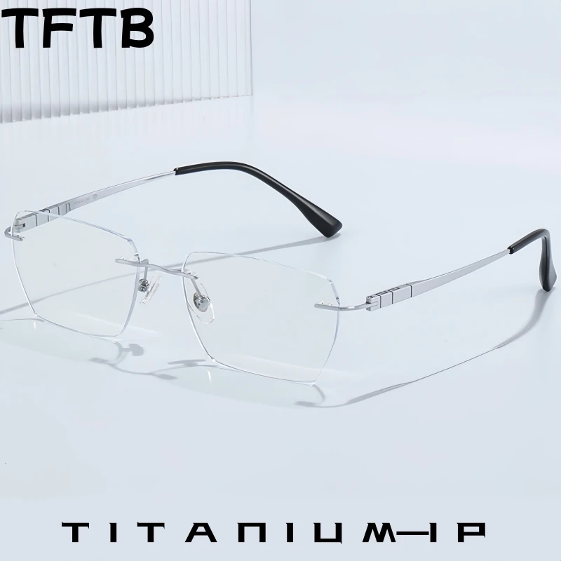 

TFTB Business Men's Pure Titanium Rimless Glasses Ultra Light Retro Square High Quality Optical Prescription Eyeglasses Frames