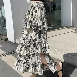 Fashion Ruffles Irregular Skirts Split Female Clothing Casual Broken Flowers Summer Thin A-Line High Waist Cupcake Long Skirts