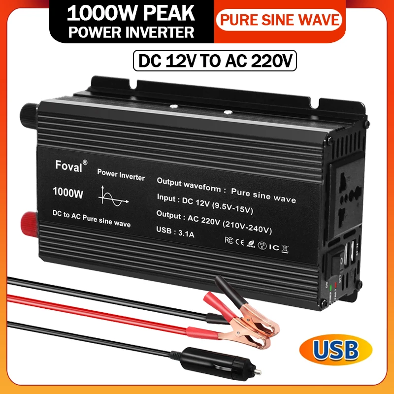 순수 사인파 1000W 1500W 2200W 2600W DC 12V AC 220V 자동차 전원 인버터 어댑터 변환기 3.1A 듀얼 USB EU/유니버설