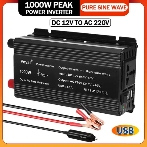 Convertidor adaptador inversor de corriente para coche, onda sinusoidal pura, 1000W, 1500W, 2200W, 2600W, CC de 12V a CA, 220V, con USB Dual 3.1A, UE/Universal