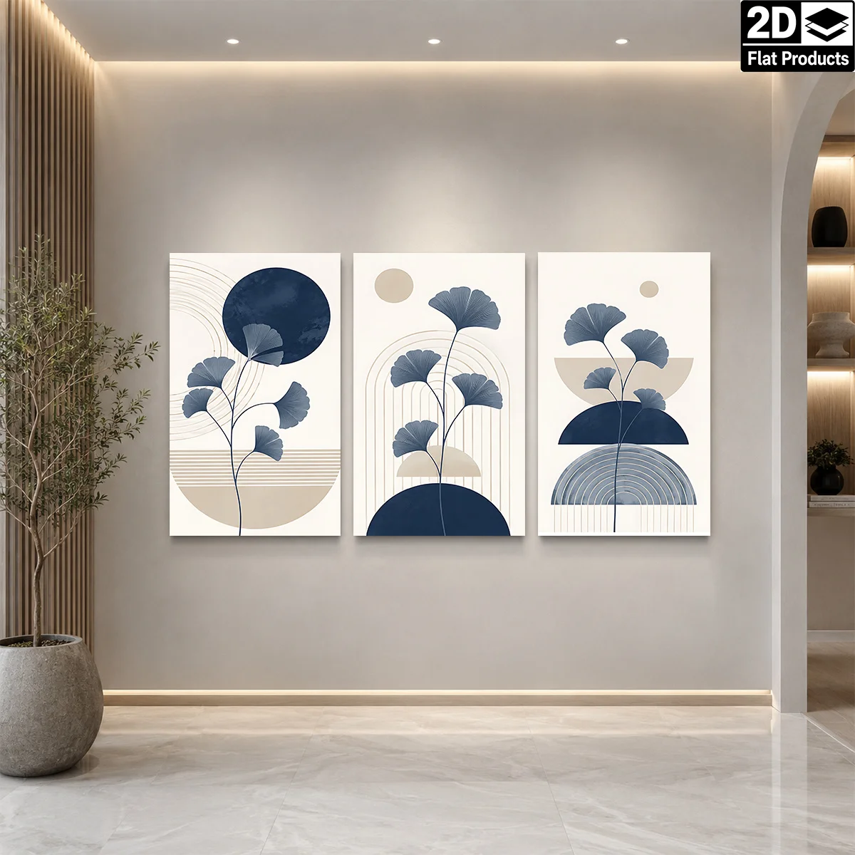 Frameless canvas 2D Flat 3pc  Wall Art – Three panels with blue ginkgo leaves and geometric patterns in navy and beige tones.