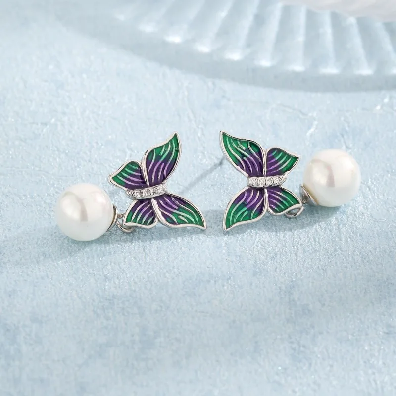 

Ретро французские серьги S925 с серебряной иглой, новые фиолетово-зеленые серьги с жемчугом-бабочкой, супер фея, модные легкие роскошные трендовые серьги