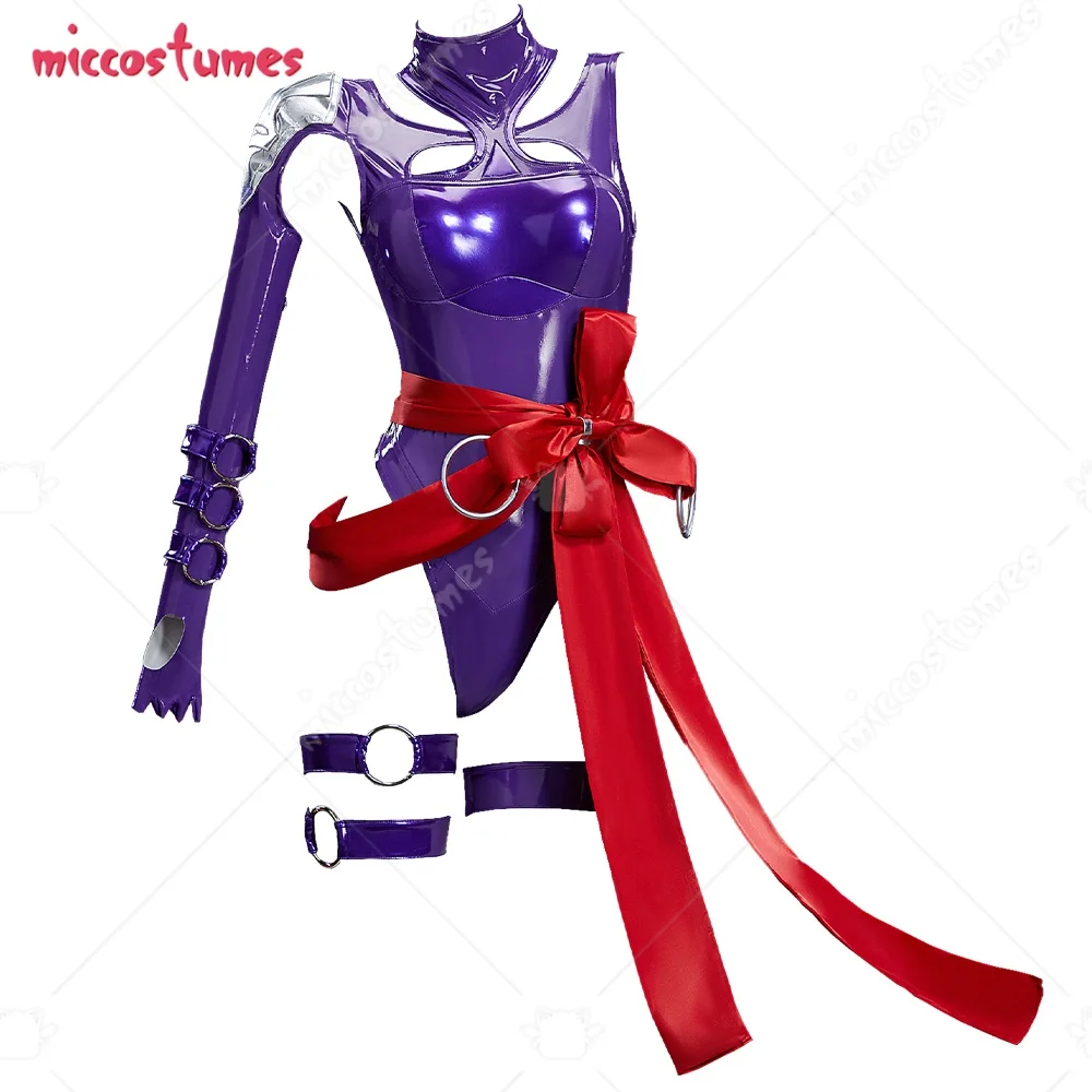 

Miccostumes Women's Rival Game Cosplay Costume Ninja Girl Purple Skin Bodysuit with Stocking Belt Premium Ver Halloween