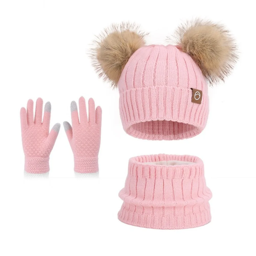 3Pcs/ Set Fleece Lined Kids Hat Scarf Gloves Set Knitted Cap Thermal Protection Children's Beanie Cap Windproof
