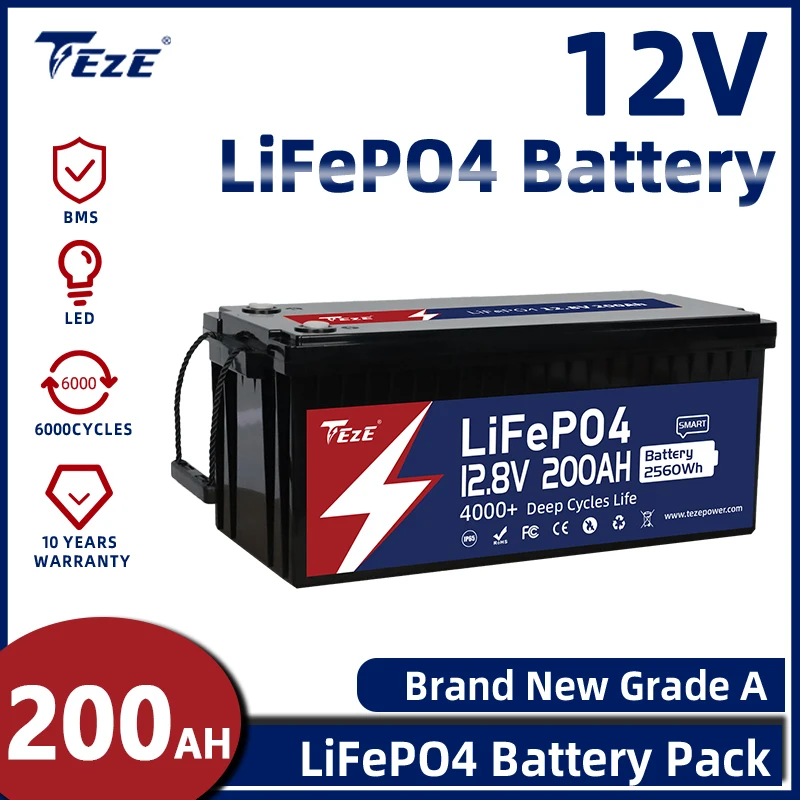 TEZE LiFePO4 12V 200Ah Battery Built-in BMS Rechargeable Solar Power System For RV House Trolling Motor 6000 Cycle NO TAX