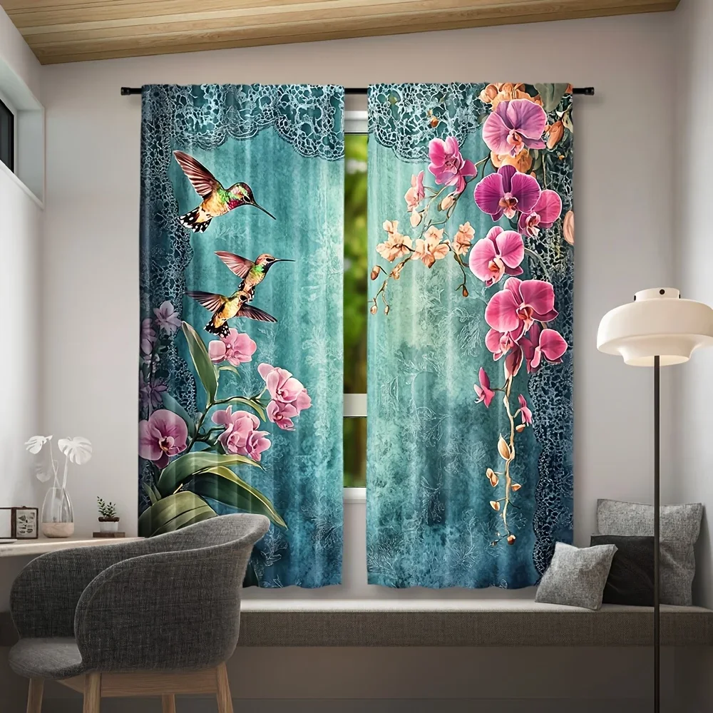 Vibrant Tropical Orchid and Hummingbird Print Curtains for Living Room Window Decor 50 Percent Light Filtering
