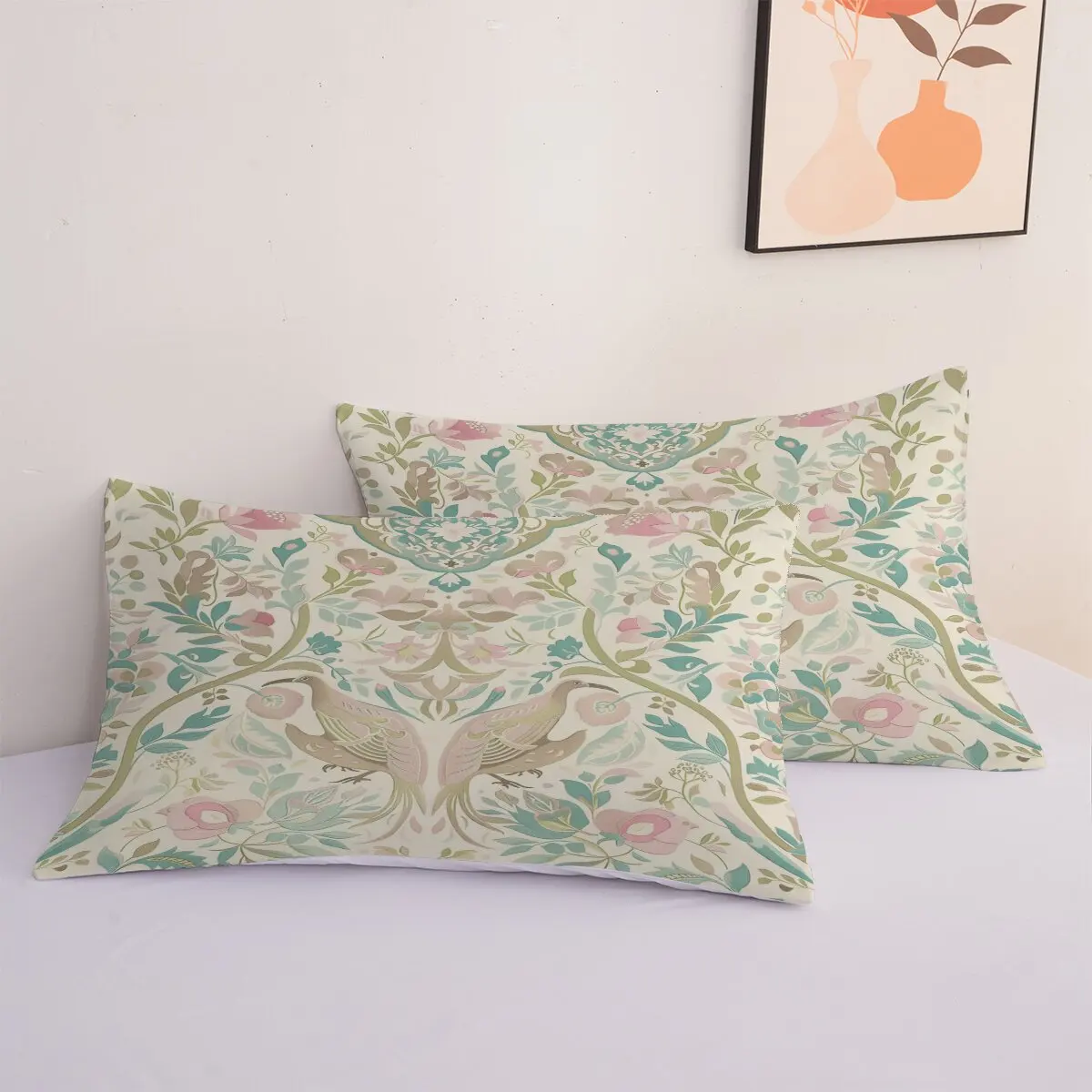 Pink Green Parrot  Down comforter set, extra large size  floral pattern  1 duvet cover and 2 pillowcases