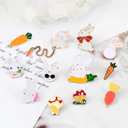 Cartoon White Rabbits Enamel Pins Sweet Mushroom Carrot Vegetables Brooches Cute Bunny Badges Animal Icon Jewelry Gifts for Kids