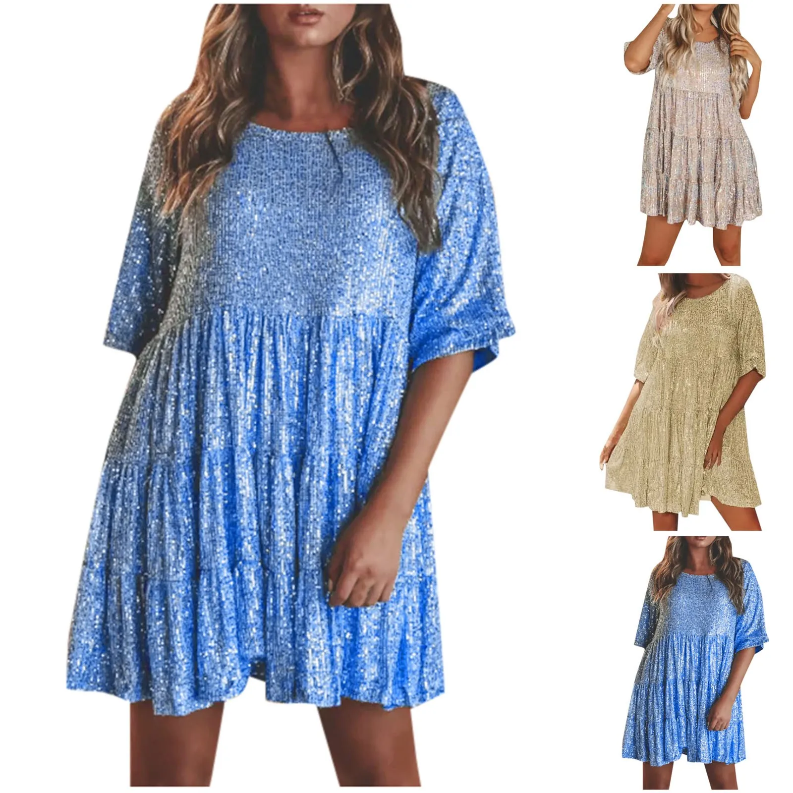 Ladies Temperament Glitter Sequin Mini Dress Half Sleeve Round Neck Lined Pocketless Dress Female Summer Loose Party Dresses