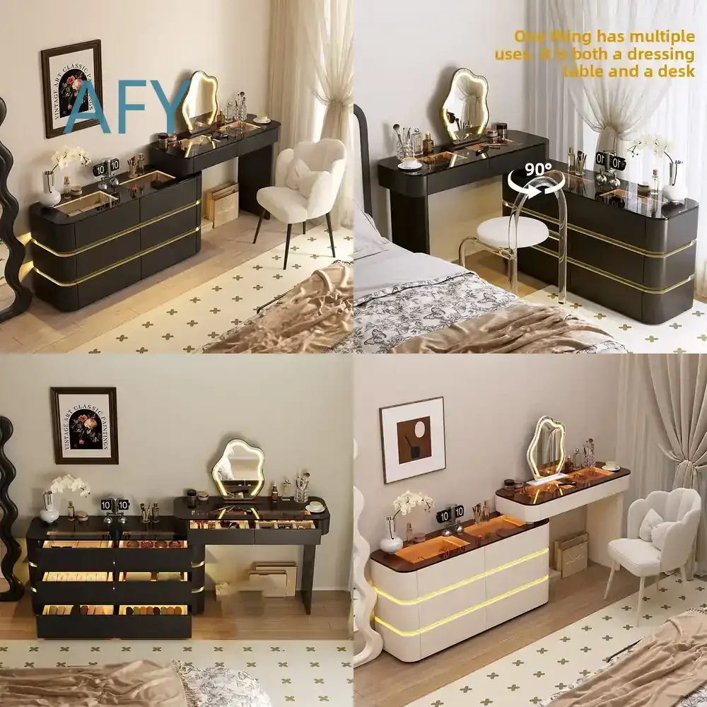 Solid Wood Vanity Table for Bedroom Nordic Luxury Simple Black Dressing Table for Modern Home Makeup Desk for Small Space