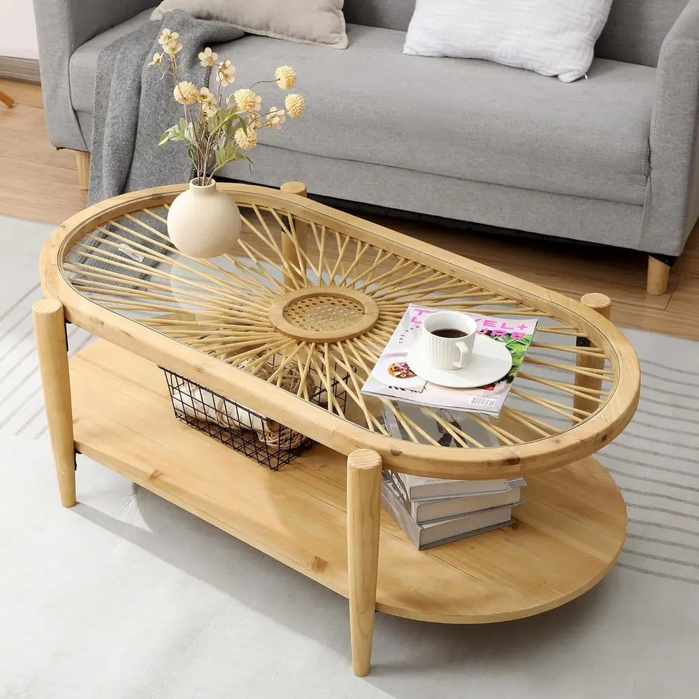 

2-Tier Oval Bohemian Rattan Cocktail Table with Glass Top and Wooden Legs for Sofa Area (Natural)