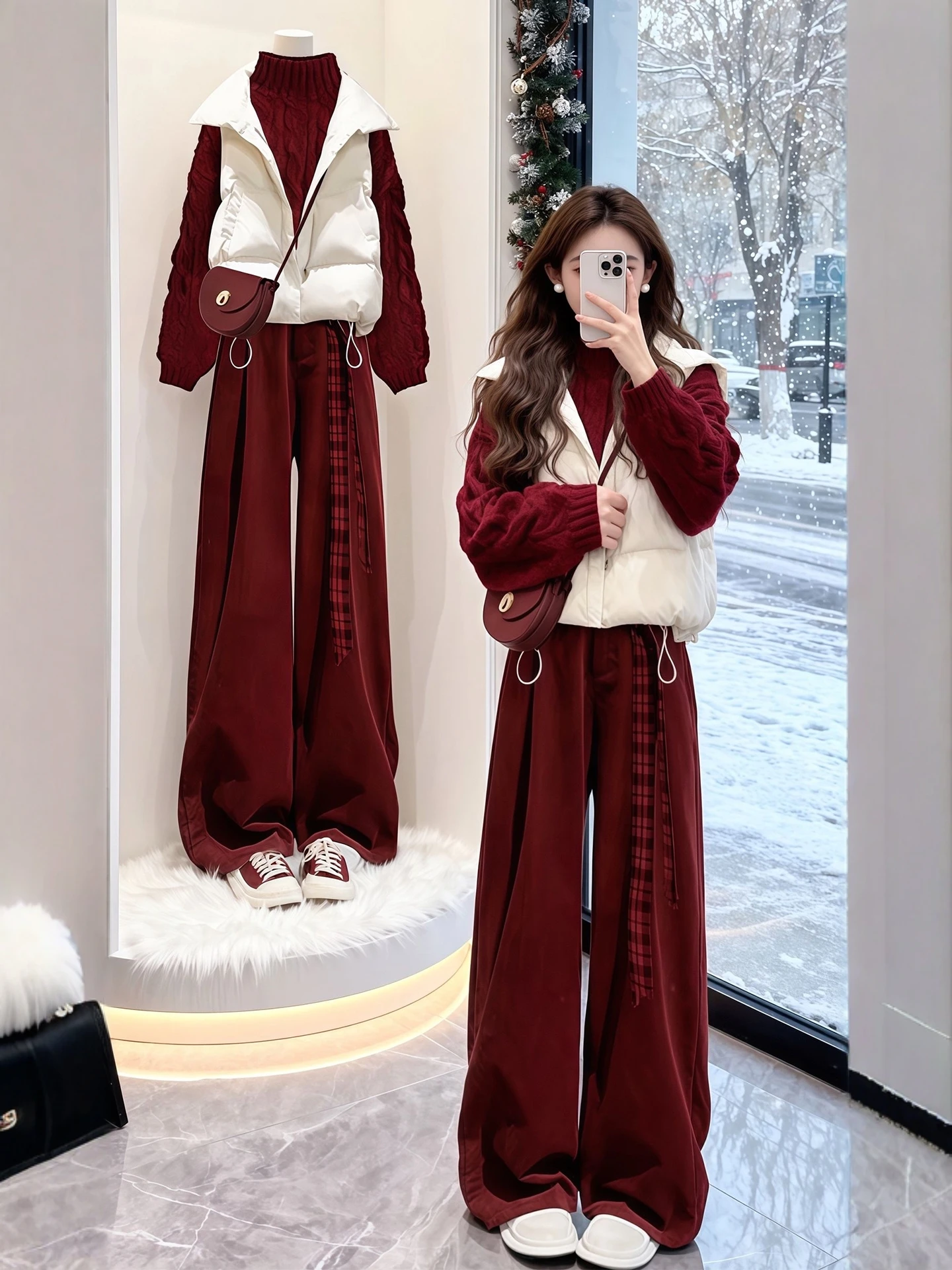 

Зимний модный комплект для женщин больших размеров: вязаный жилет, брюки с высокой талией и широкими штанинами, теплый повседневный комплект из двух предметов