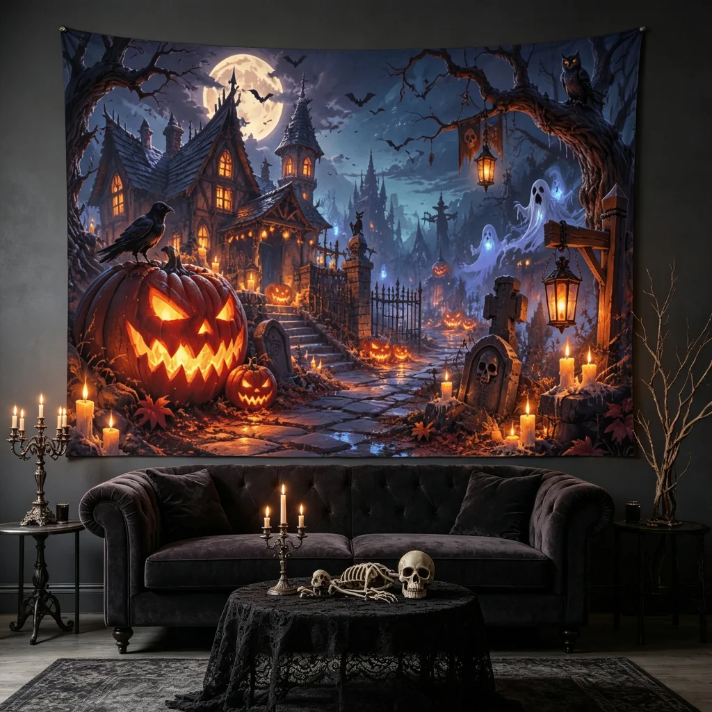 1PC Pumpkin Haunted House Ghost Crow Print Backdrop Banner, Bedroom Photo Background, Polyester, Halloween Party Decoration
