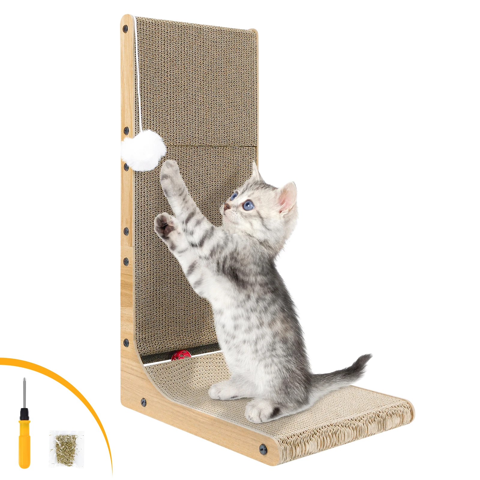 Griffoir pour chat en forme de L - Griffoir mural et tapis à griffer avec jouet à bille pour le jeu des chats d'intérieur