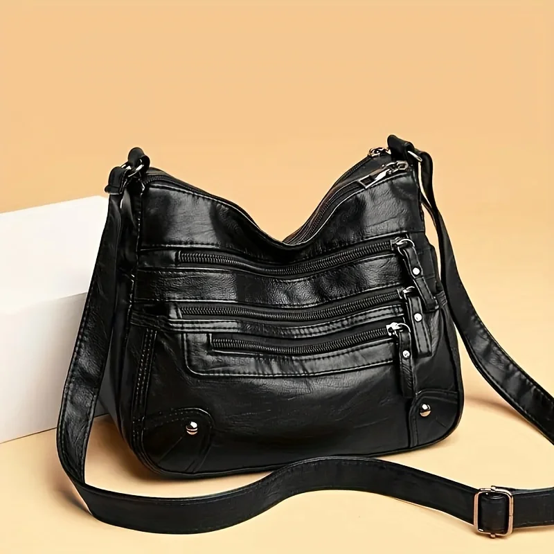 Stylish Multi Zipper Crossbody Bags, Soft Vegan Pu Leather Shoulder Bag, Women's Multi Pockets Handbag Purse for Women Daily Use