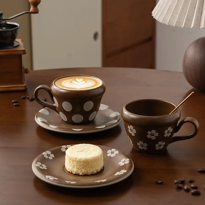 Retro Rough Pottery Coffee Cup Saucer Set Japanese Style Latte Art Cup for Home Office Afternoon Tea High Aesthetic Look