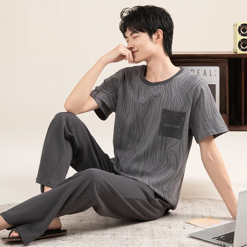 

Korean Fashion Cotton Male Pajamas Set for Summer Long Pant Short Sleeves Loungewear Men Pijamas Young Boy Casual Nightwear