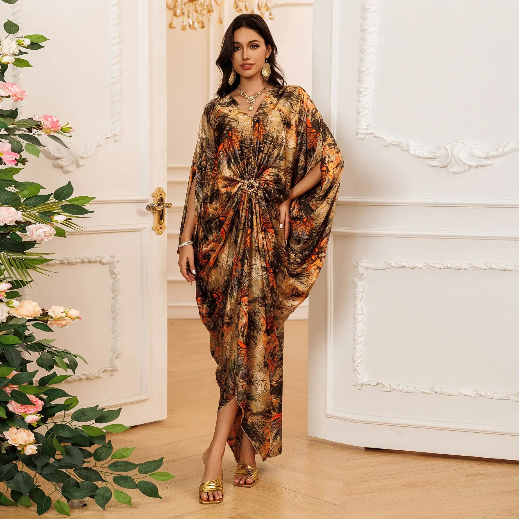 Arab Dubai 2026 New Fashion Women's Printed Elegant Loose Trendy Luxury Long Sleeve V-neck Pullover Abaya Dress Jalabiya Female