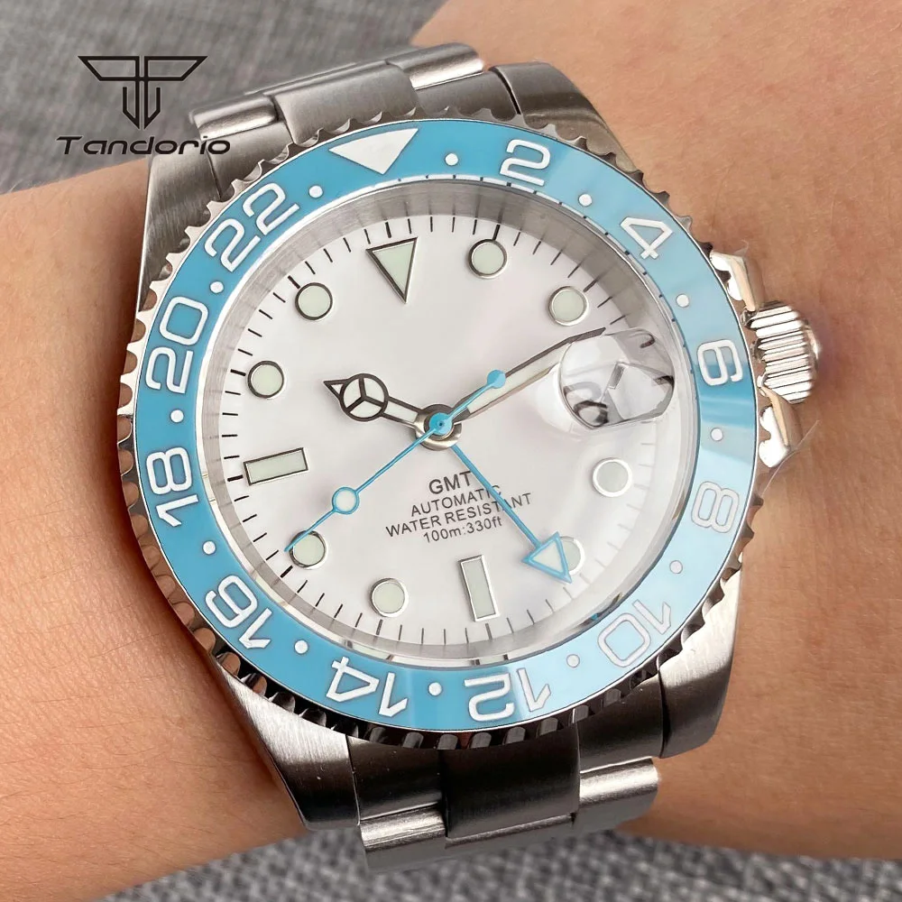 Tandorio Automatic NH34 Stainless Steel Men's Watch Blue 24H Bezel Sapphire Date GMT 40mm Mechanical Dive Wristwatch Luminous