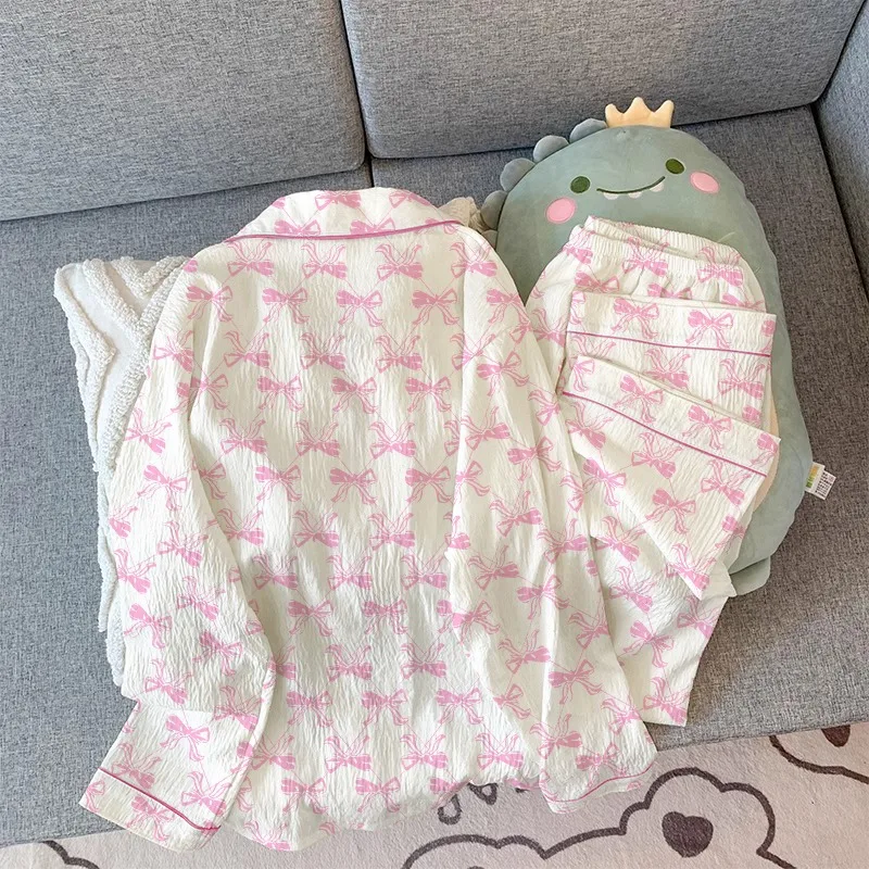 القوس طباعة الخريف والشتاء جديد منامة النساء التلبيب الرقبة الحلو عارضة لينة نوم مجموعة أزرار سترة ملابس خاصة Homewear