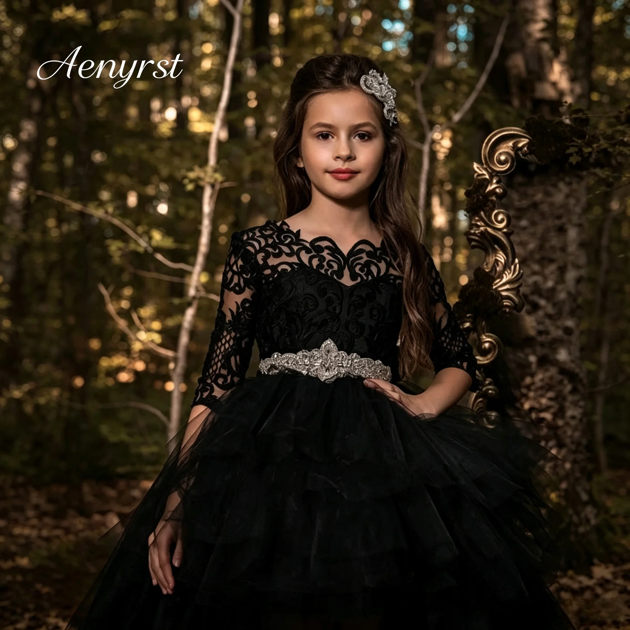 Black Lace 3/4 Sleeve High Low Flower Girl Dress Rhinestone Waist Tiered Tulle Trailing Princess Gown Kids Wedding Party Dresses
