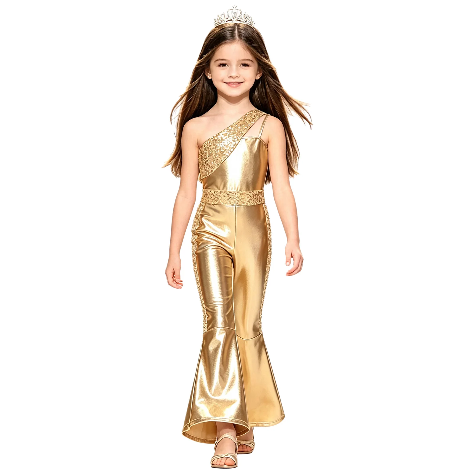 Kids Girls Sleeveless Bell Bottom Asymmetrical Jumpsuit Sequins Details One Shoulder Metallic Shiny Party Rompers Disco Costume