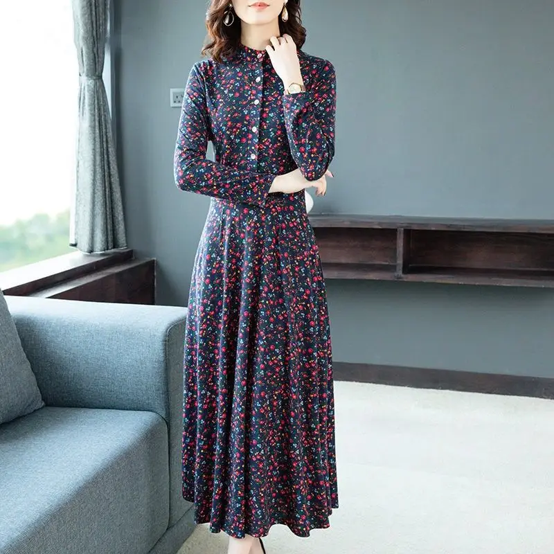 Fashionable Side Pockets Long Sleeved Dress for Women Spring Autumn New Ice Silk High Collar Loose Printing Button Long Dresses