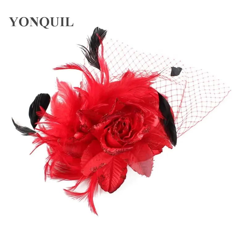 Noiva feminina casamento vermelho fascinator moda flor festa chapéu véu pena senhora noivas acessórios para o cabelo ano novo millinery presente