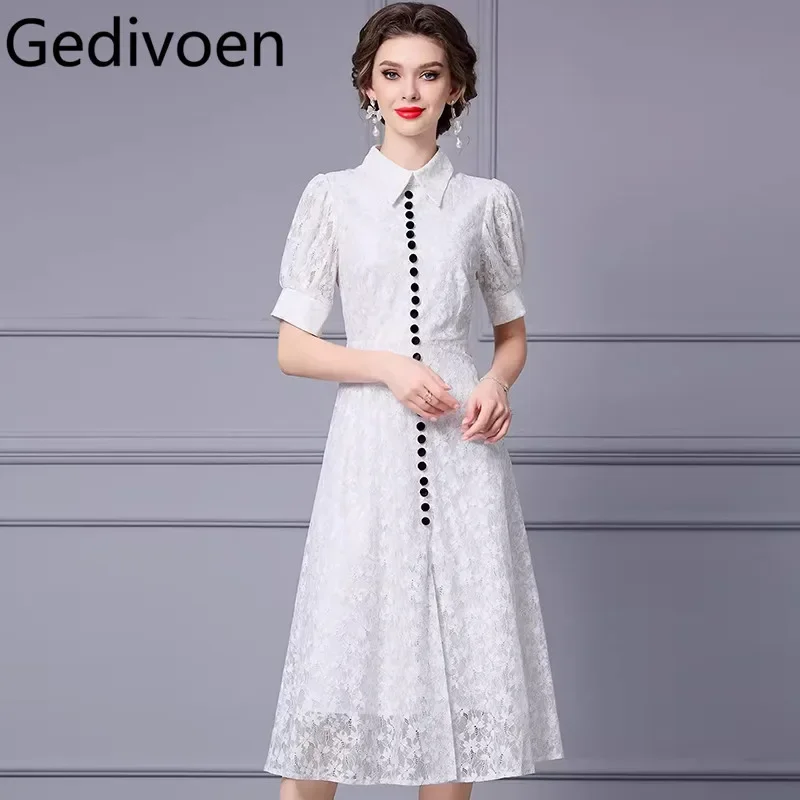 Gedivoen-Robe de créateur de piste pour femme, broderie de fleurs, dentelle, simple boutonnage, longueur moyenne, élégante, mode estivale